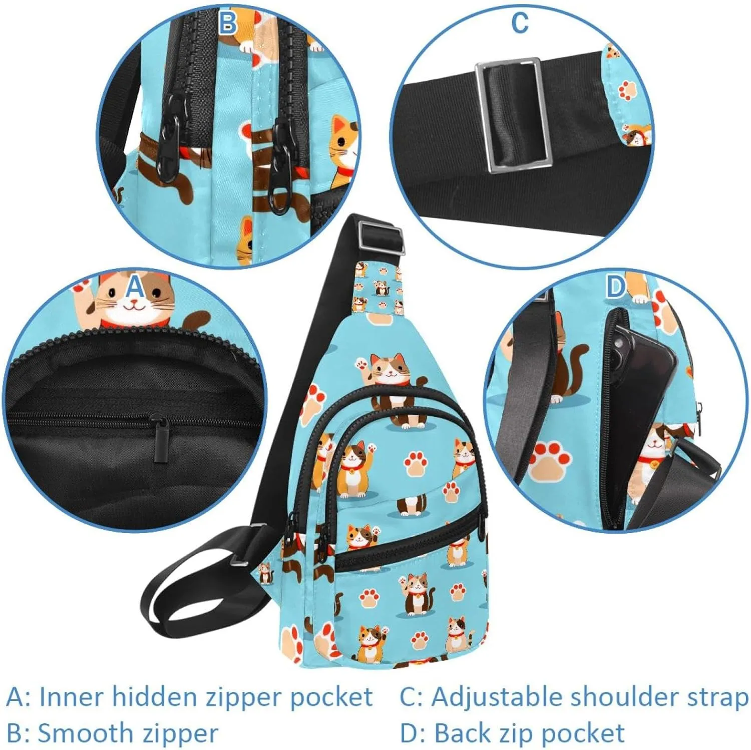 Crossbody Sling Backpack Sling Bag for Women Men, Cartoon Lucky Cat Fanny Packs Chest Bag for Running Hiking