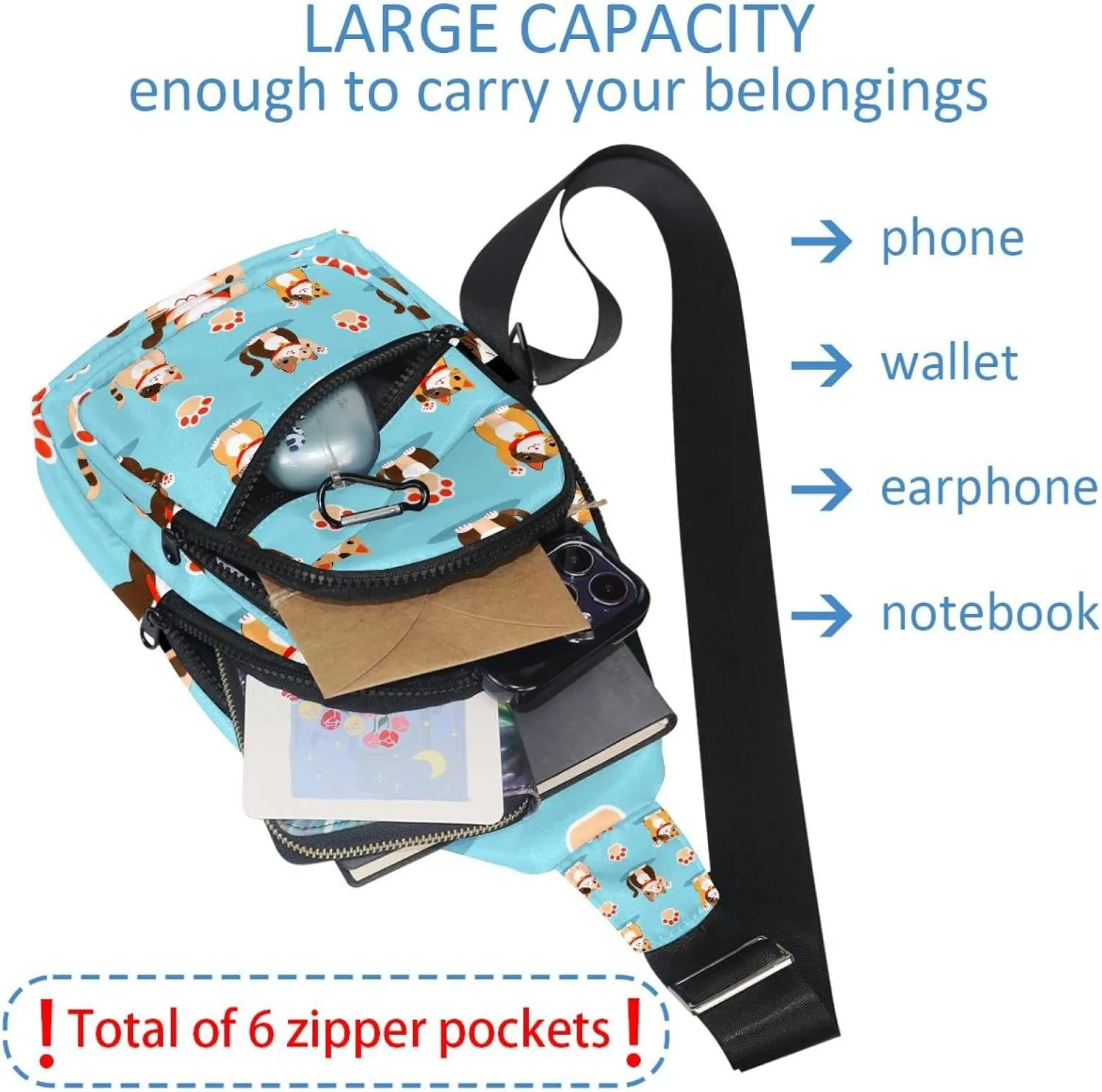 Crossbody Sling Backpack Sling Bag for Women Men, Cartoon Lucky Cat Fanny Packs Chest Bag for Running Hiking