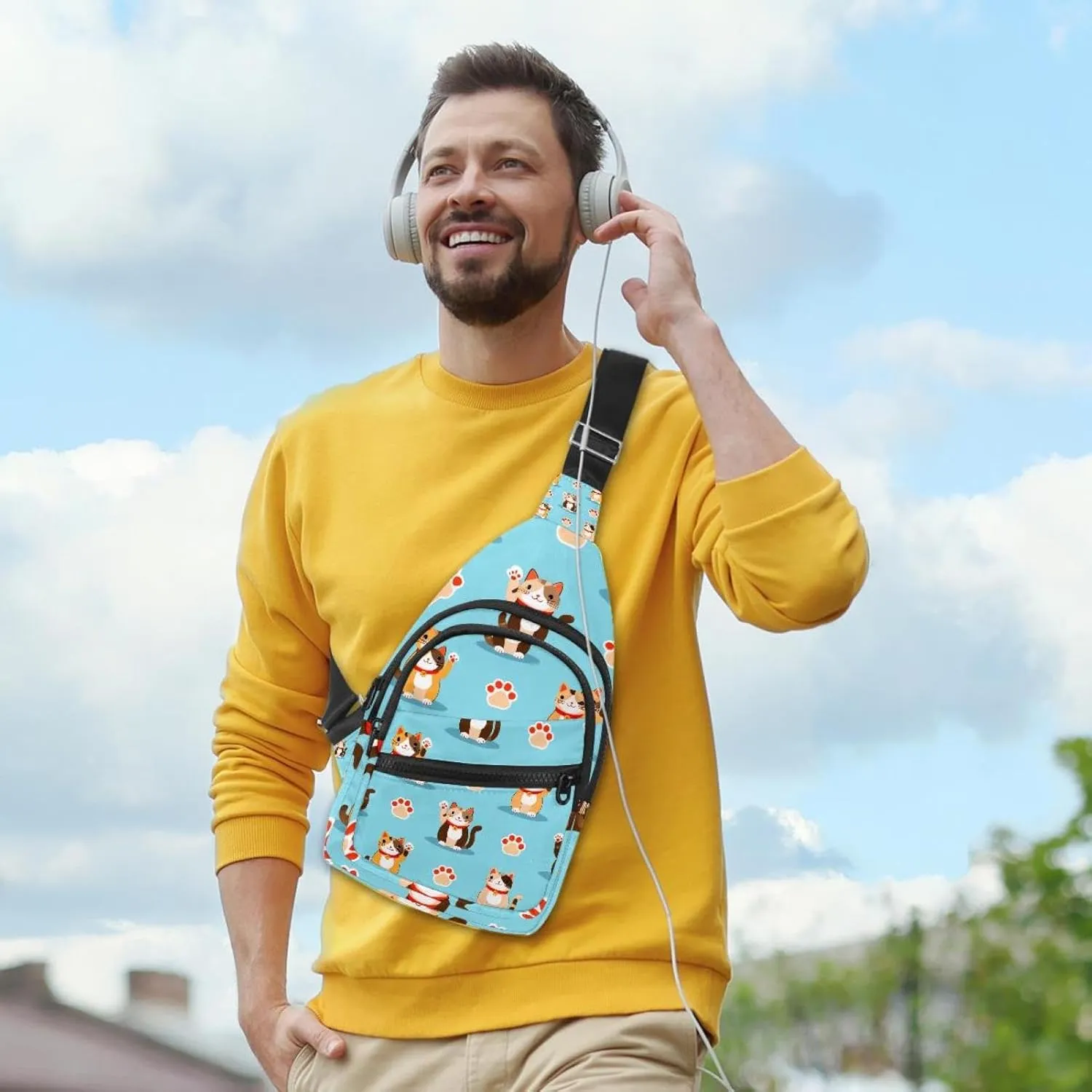 Crossbody Sling Backpack Sling Bag for Women Men, Cartoon Lucky Cat Fanny Packs Chest Bag for Running Hiking