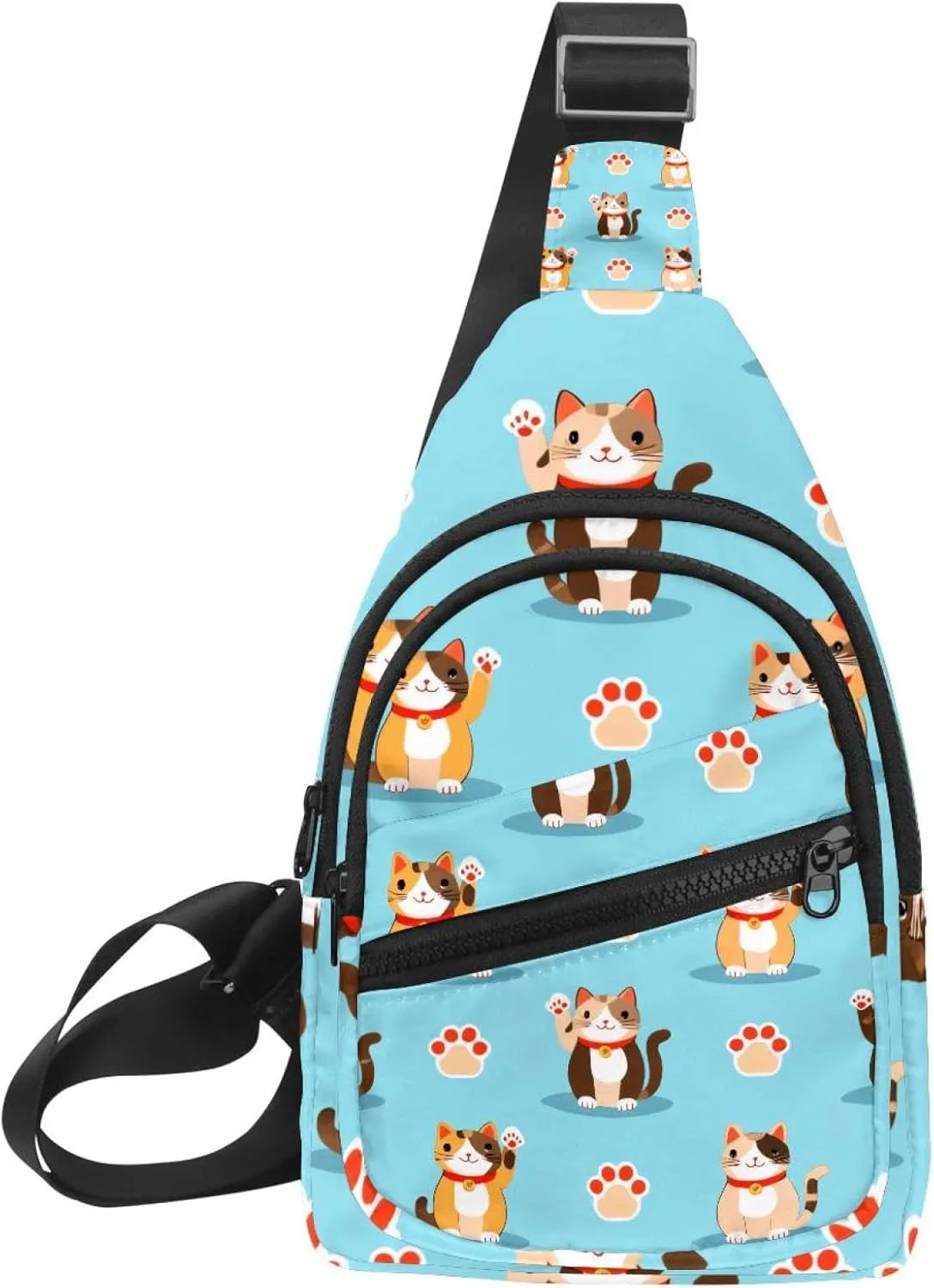 Crossbody Sling Backpack Sling Bag for Women Men, Cartoon Lucky Cat Fanny Packs Chest Bag for Running Hiking