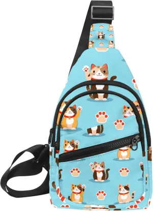 Crossbody Sling Backpack Sling Bag for Women Men, Cartoon Lucky Cat Fanny Packs Chest Bag for Running Hiking