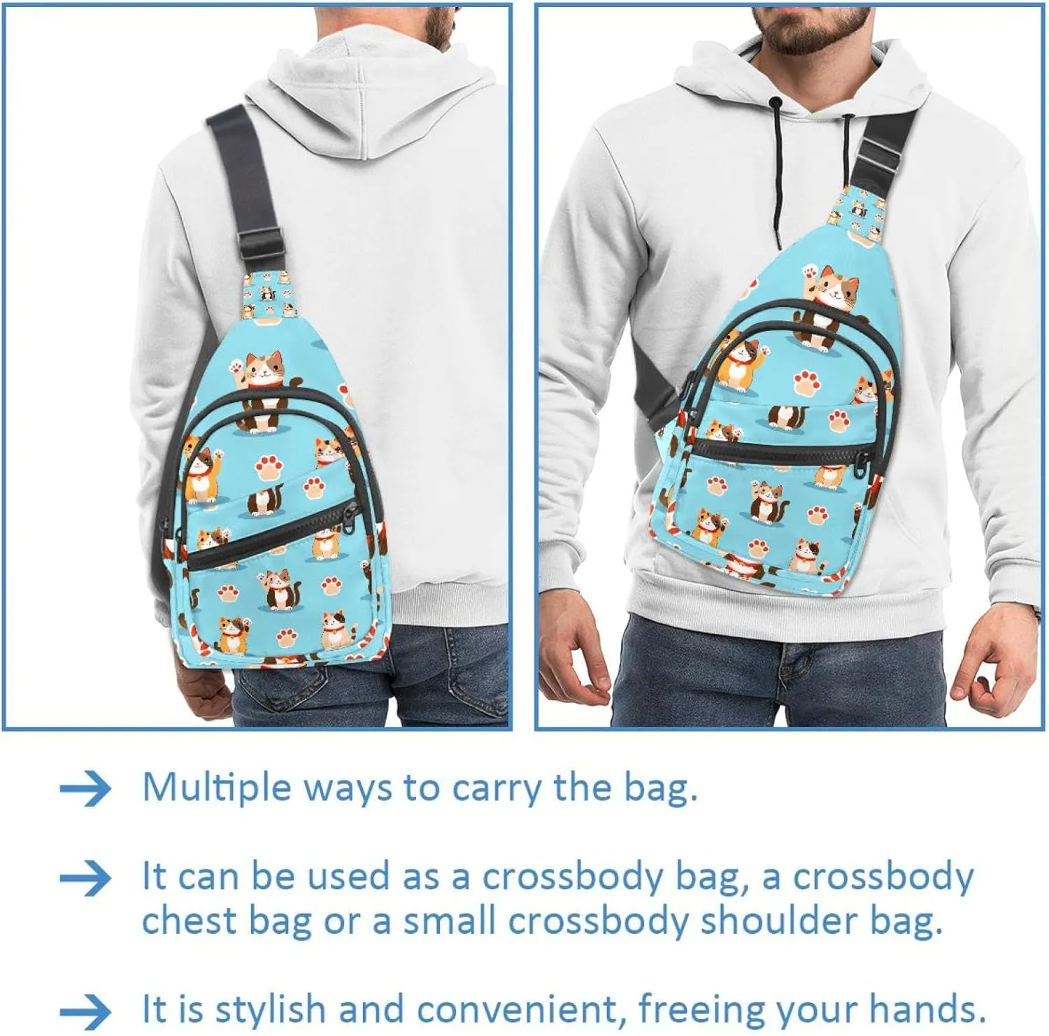 Crossbody Sling Backpack Sling Bag for Women Men, Cartoon Lucky Cat Fanny Packs Chest Bag for Running Hiking