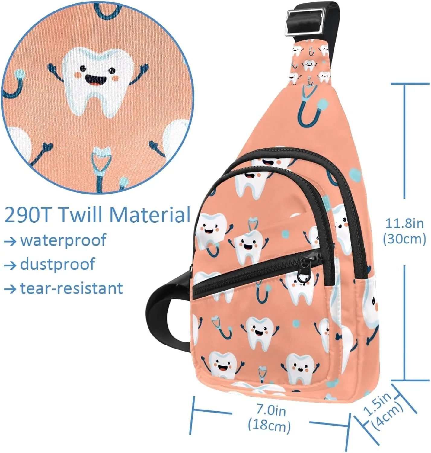 Crossbody Sling Backpack Sling Bag for Women Men, Dental Teeth Fanny Packs Chest Bag for Running Hiking