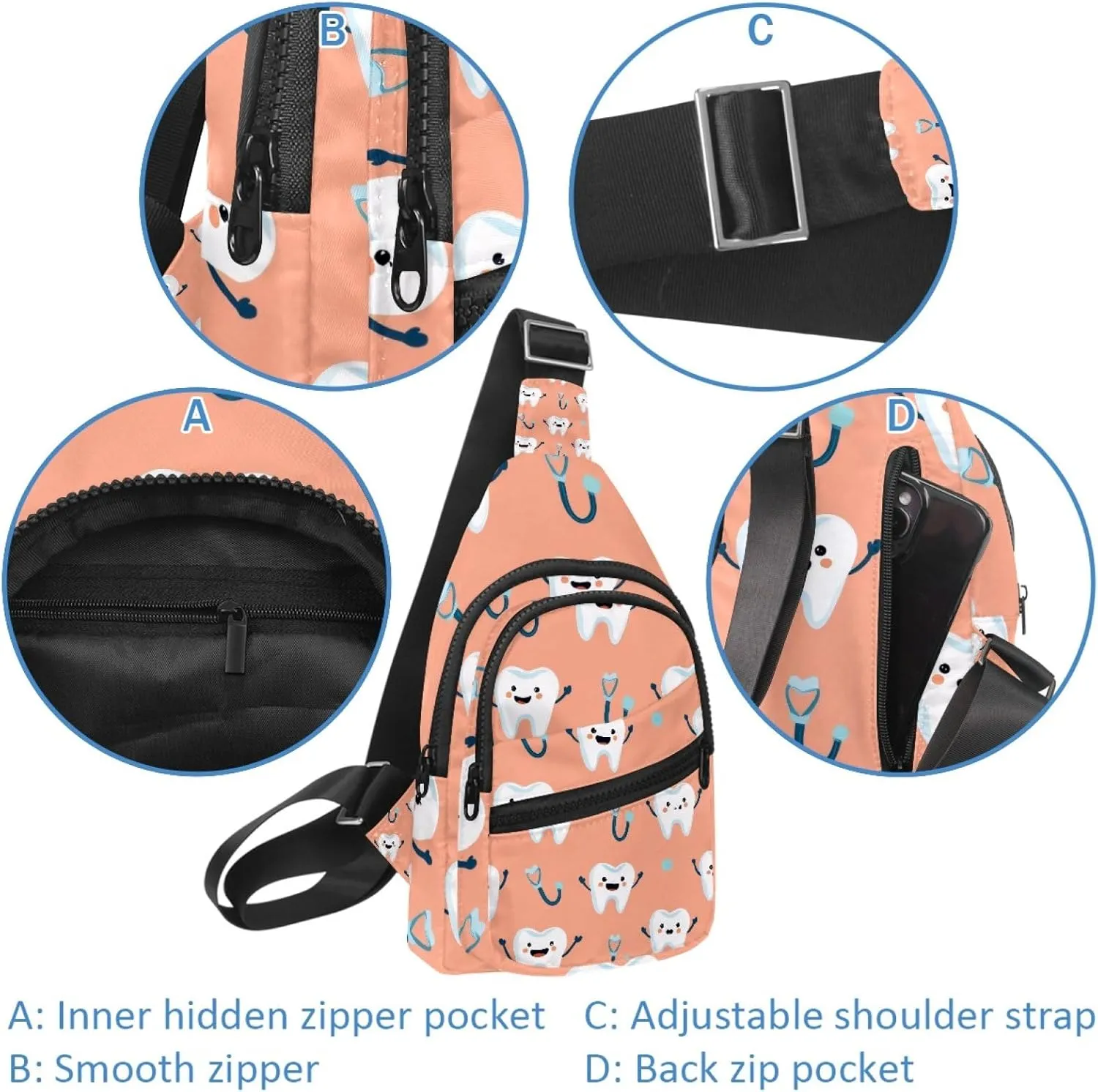 Crossbody Sling Backpack Sling Bag for Women Men, Dental Teeth Fanny Packs Chest Bag for Running Hiking