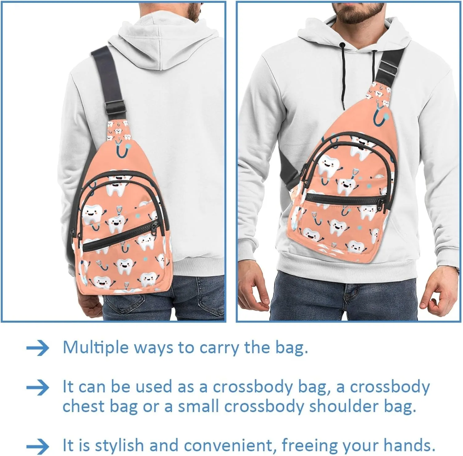 Crossbody Sling Backpack Sling Bag for Women Men, Dental Teeth Fanny Packs Chest Bag for Running Hiking