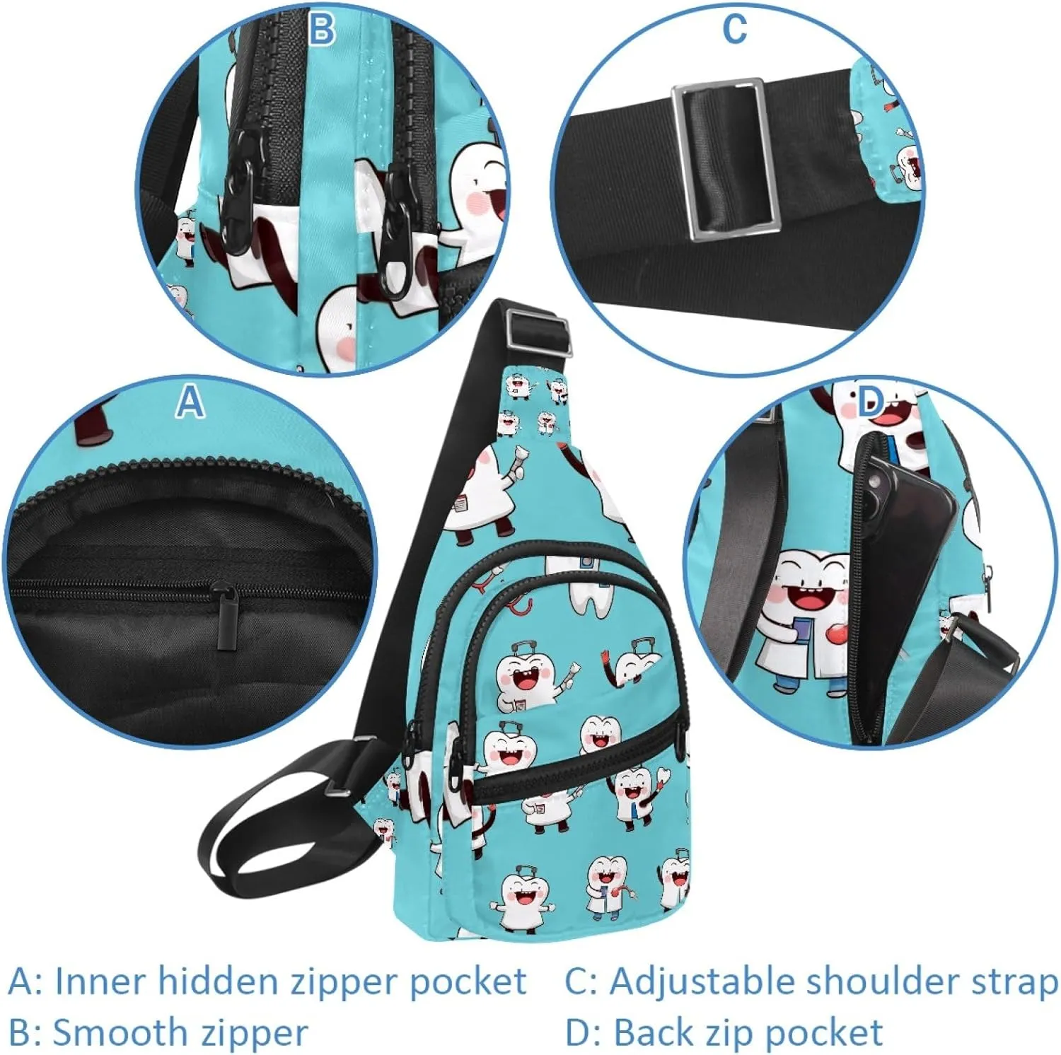 Crossbody Sling Backpack Sling Bag for Women Men, Funny Doctor Tooth Fanny Packs Chest Bag for Running Hiking