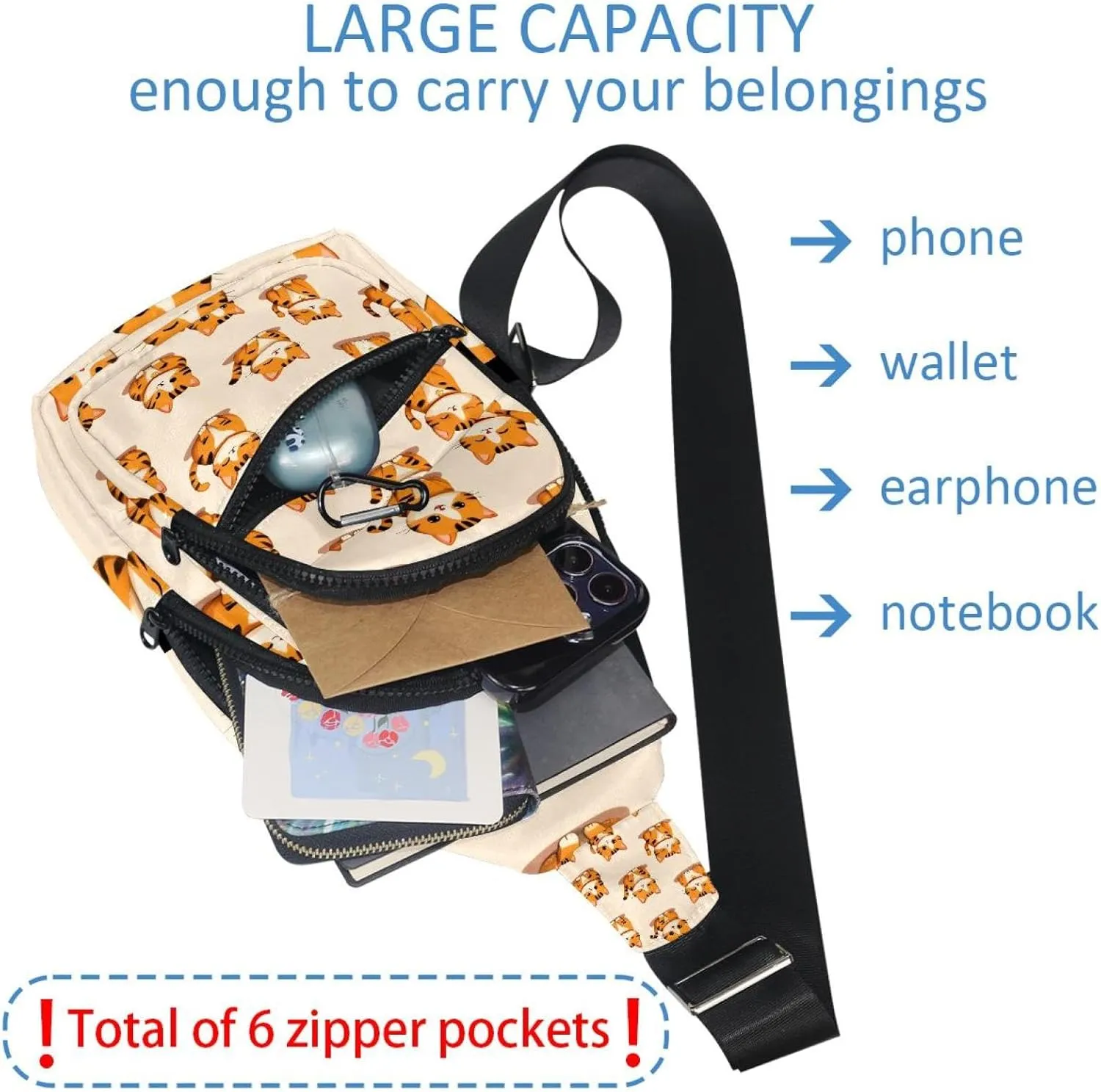 Crossbody Sling Backpack Sling Bag for Women Men, Lucky Cat Pattern Fanny Packs Chest Bag for Running Hiking