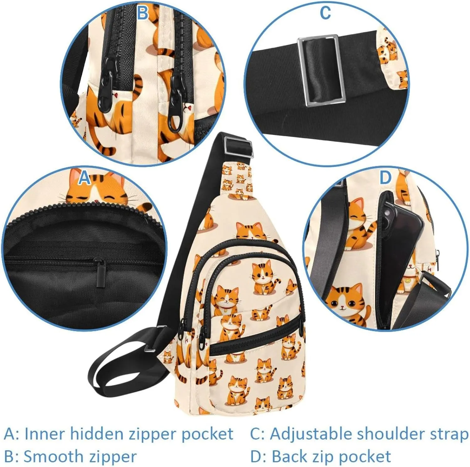 Crossbody Sling Backpack Sling Bag for Women Men, Lucky Cat Pattern Fanny Packs Chest Bag for Running Hiking