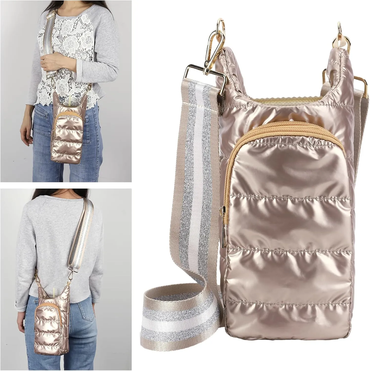 Crossbody Water Bottle Sling Bag, Puffer Water Bottle Holder with Strap, Lightweight Water Bottle Carrier Bag with Phone Pocket