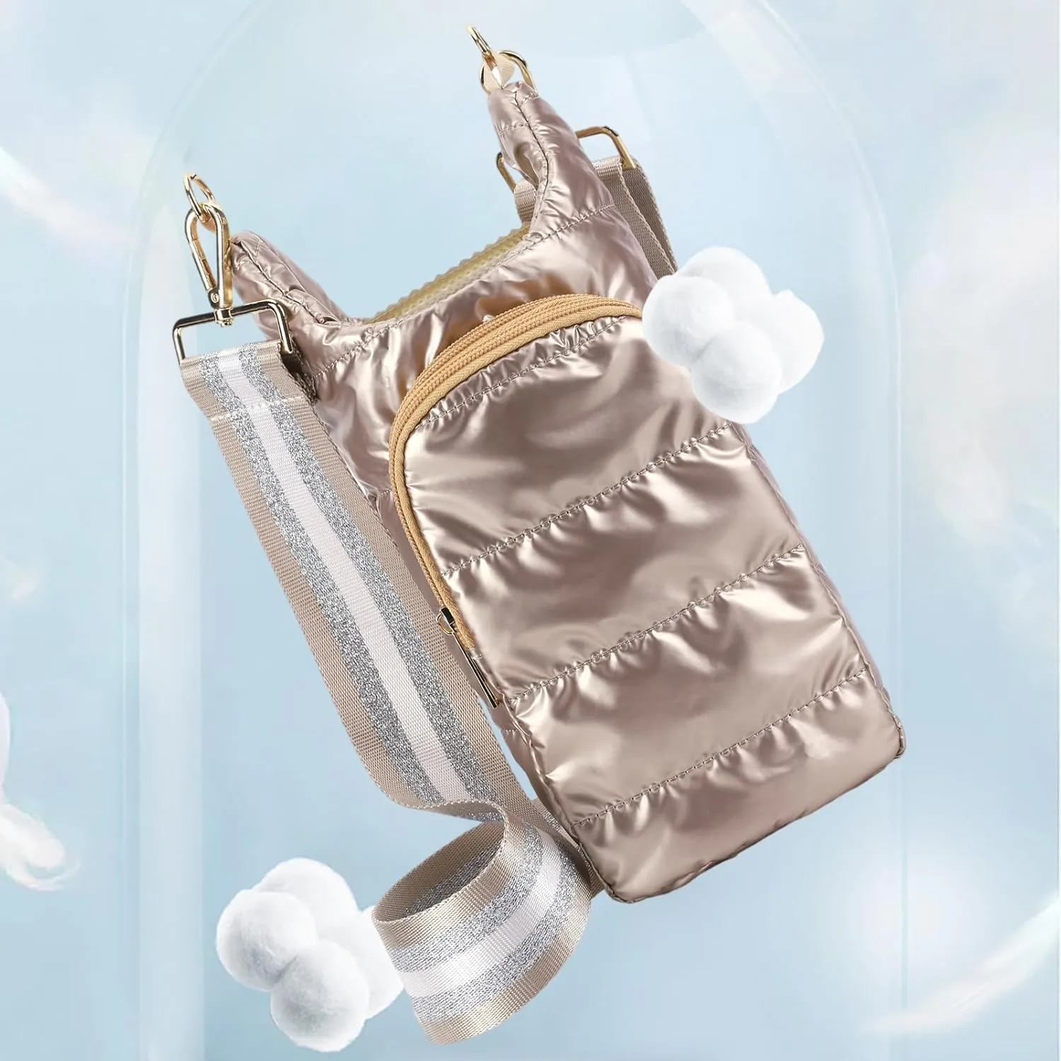 Crossbody Water Bottle Sling Bag, Puffer Water Bottle Holder with Strap, Lightweight Water Bottle Carrier Bag with Phone Pocket