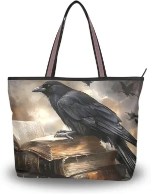 Crow Books Gothic Tote Bag for Women Durable Designer Handbag with Zipper for Daily Use Travel L