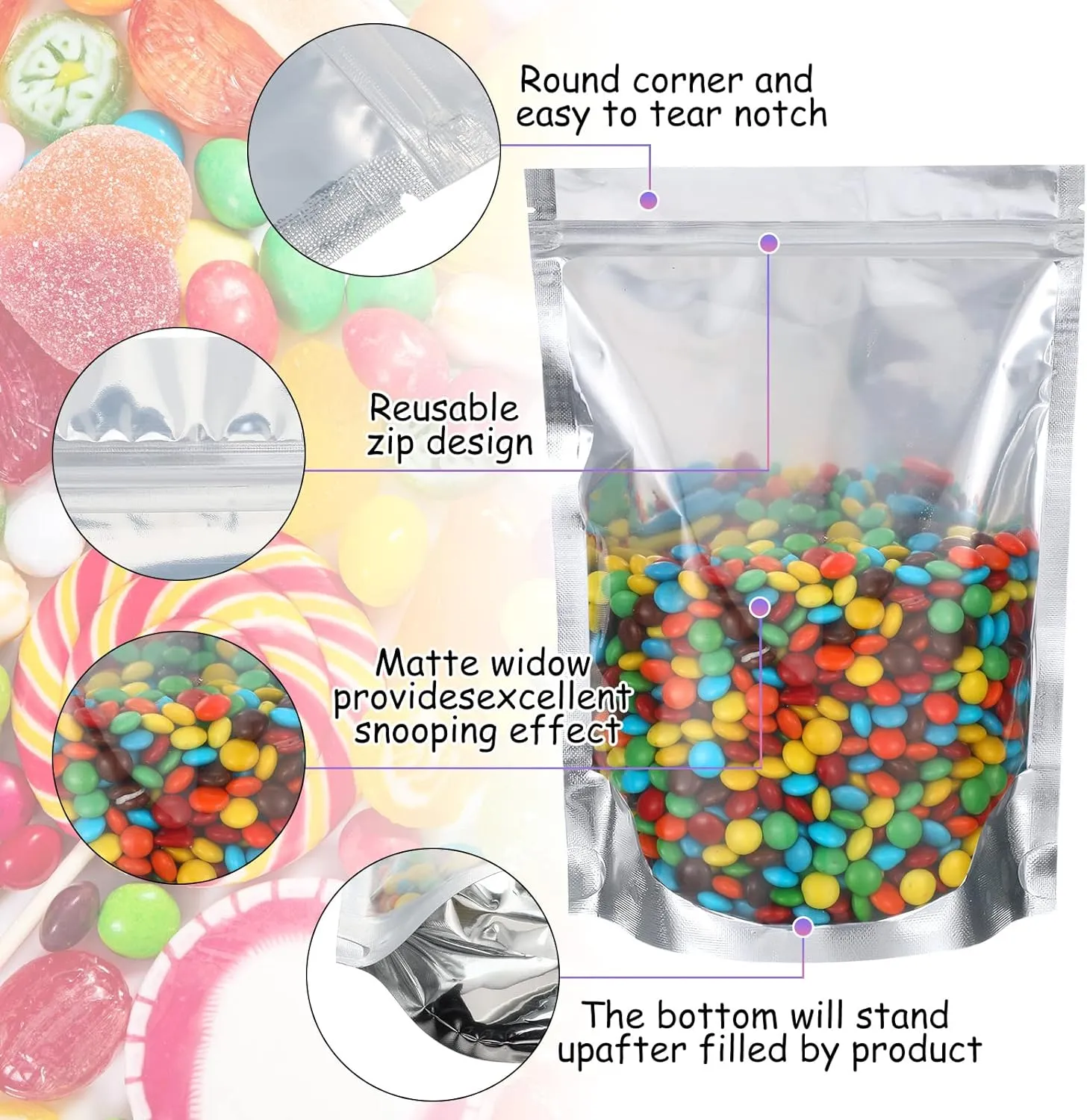 Ctosree 200 Pcs Stand Up Pouch Bags, Sealable Heavy Duty Clear Front with Aluminum Foil Back, Plastic Zipper Food Coffee Candy Storage, Reclosable Bags and Heat Sealable Food Storage (6" x 9")