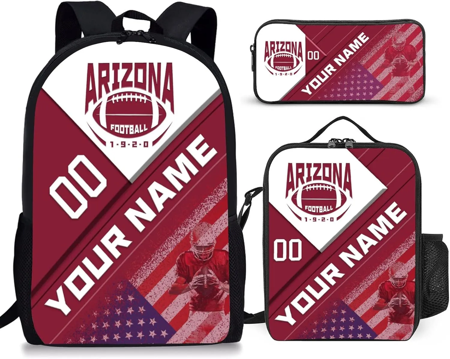 Custom Arizona Backpack with Lunch Bag Pencil Case Personalized Name Number 3 Piece Set Gifts for Men Women