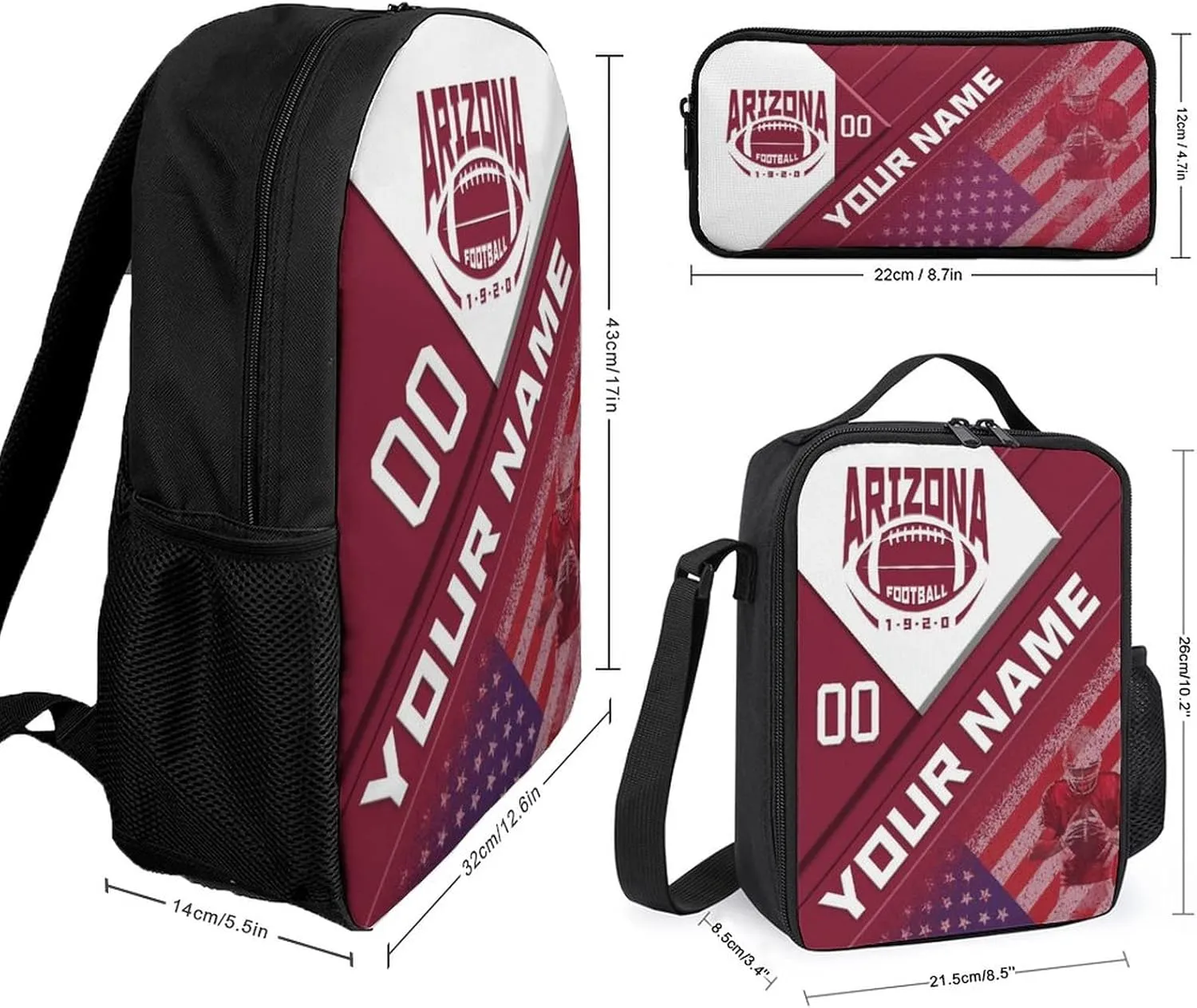 Custom Arizona Backpack with Lunch Bag Pencil Case Personalized Name Number 3 Piece Set Gifts for Men Women