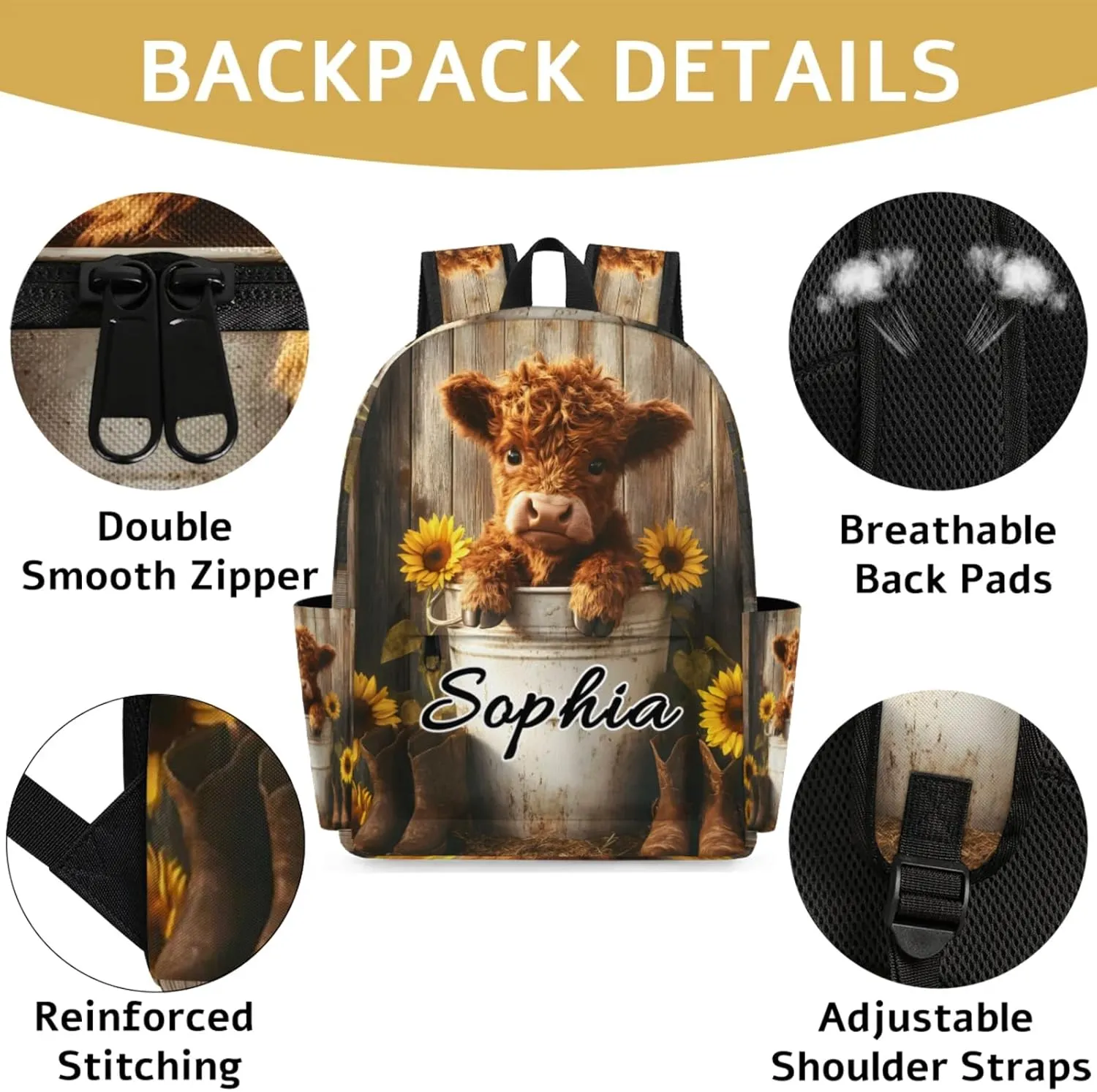 Custom Backpack Bags with Name, Bull Highland Cow Portrait Primitive Farm Personalized Shoulder Bag, Waterproof Large Capacity Casual Daypack, Sunflowers