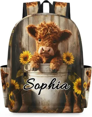 Custom Backpack Bags with Name, Bull Highland Cow Portrait Primitive Farm Personalized Shoulder Bag, Waterproof Large Capacity Casual Daypack, Sunflowers