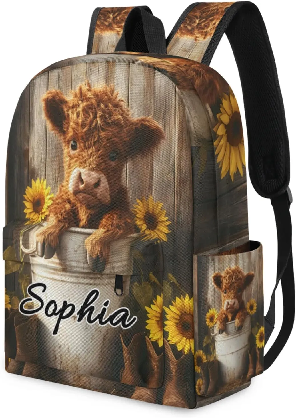 Custom Backpack Bags with Name, Bull Highland Cow Portrait Primitive Farm Personalized Shoulder Bag, Waterproof Large Capacity Casual Daypack, Sunflowers