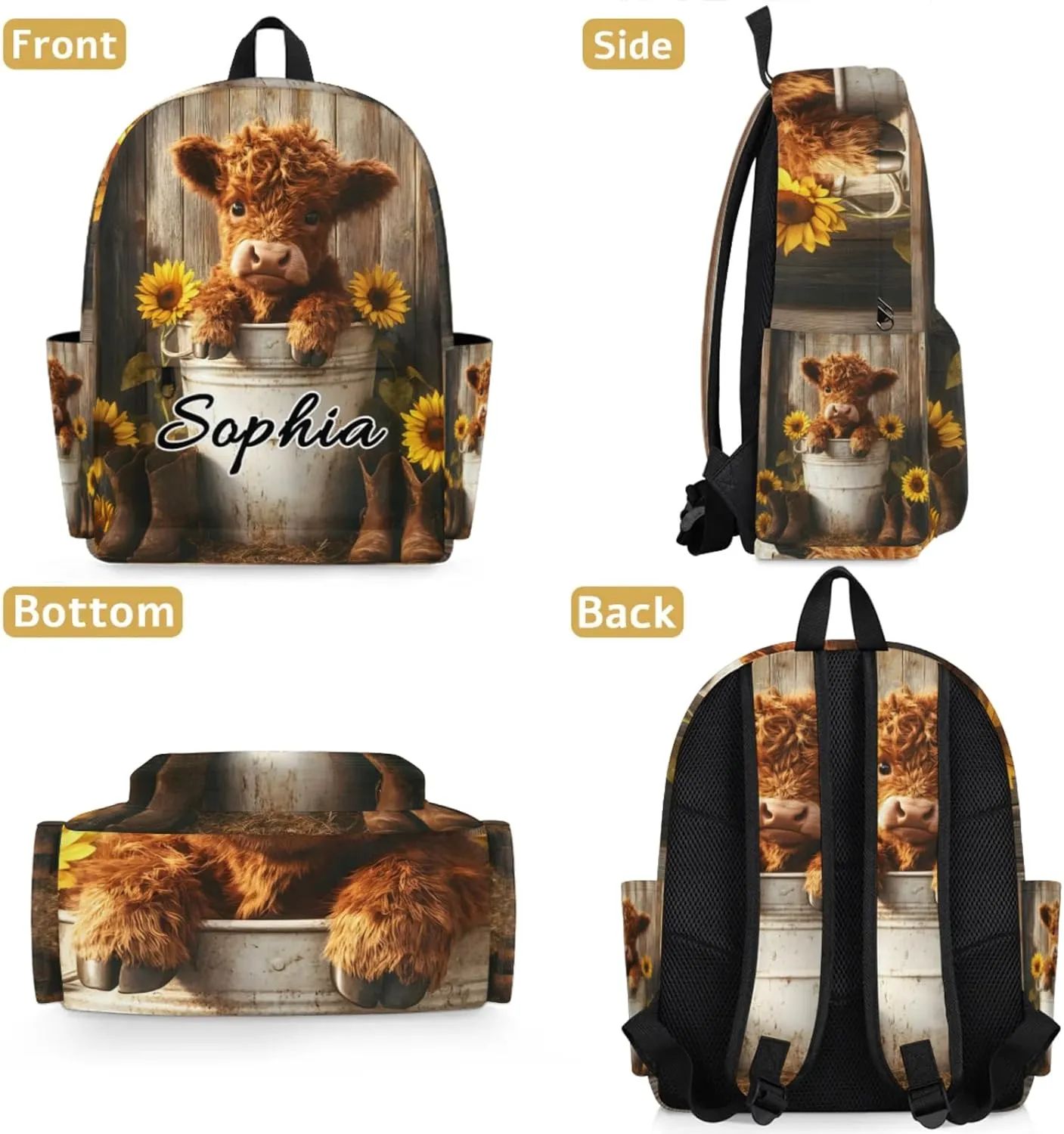 Custom Backpack Bags with Name, Bull Highland Cow Portrait Primitive Farm Personalized Shoulder Bag, Waterproof Large Capacity Casual Daypack, Sunflowers