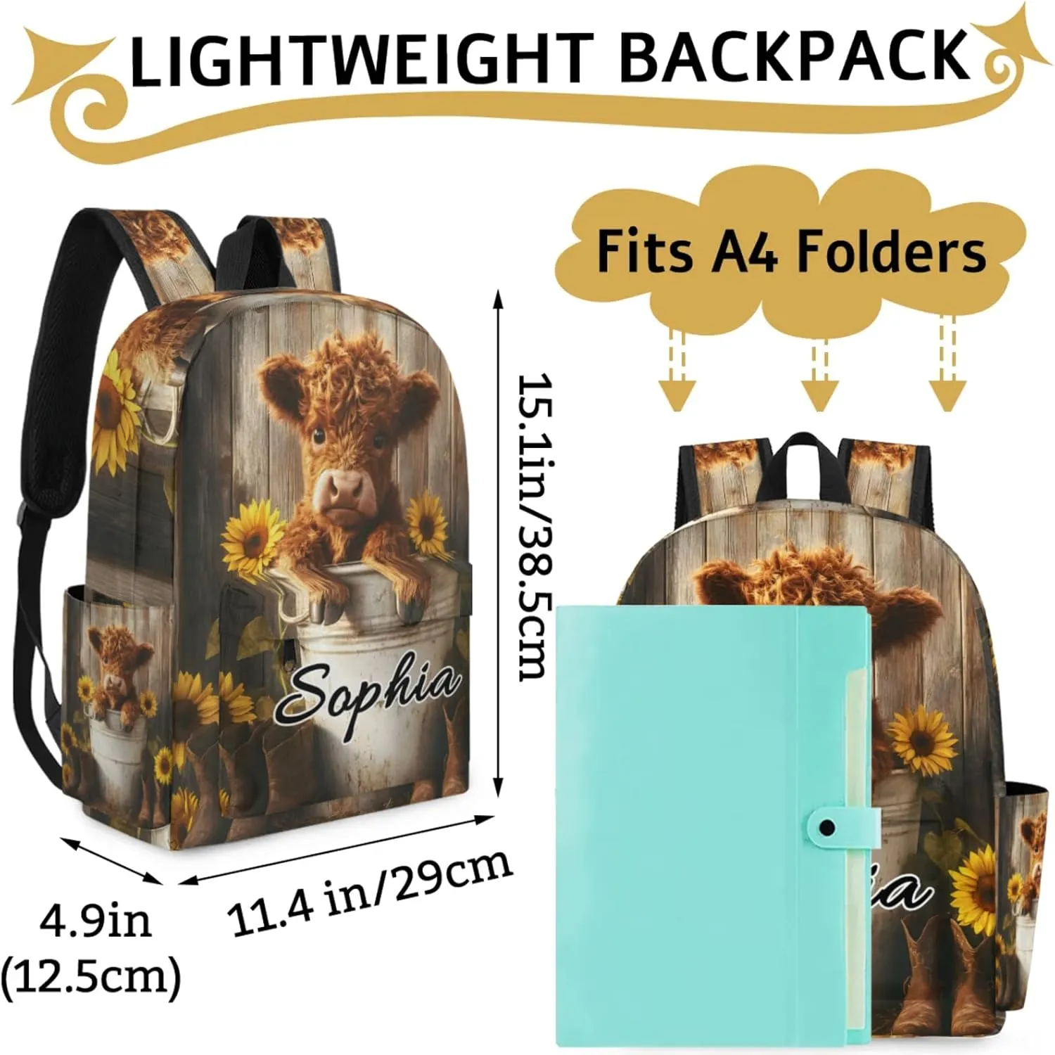 Custom Backpack Bags with Name, Bull Highland Cow Portrait Primitive Farm Personalized Shoulder Bag, Waterproof Large Capacity Casual Daypack, Sunflowers