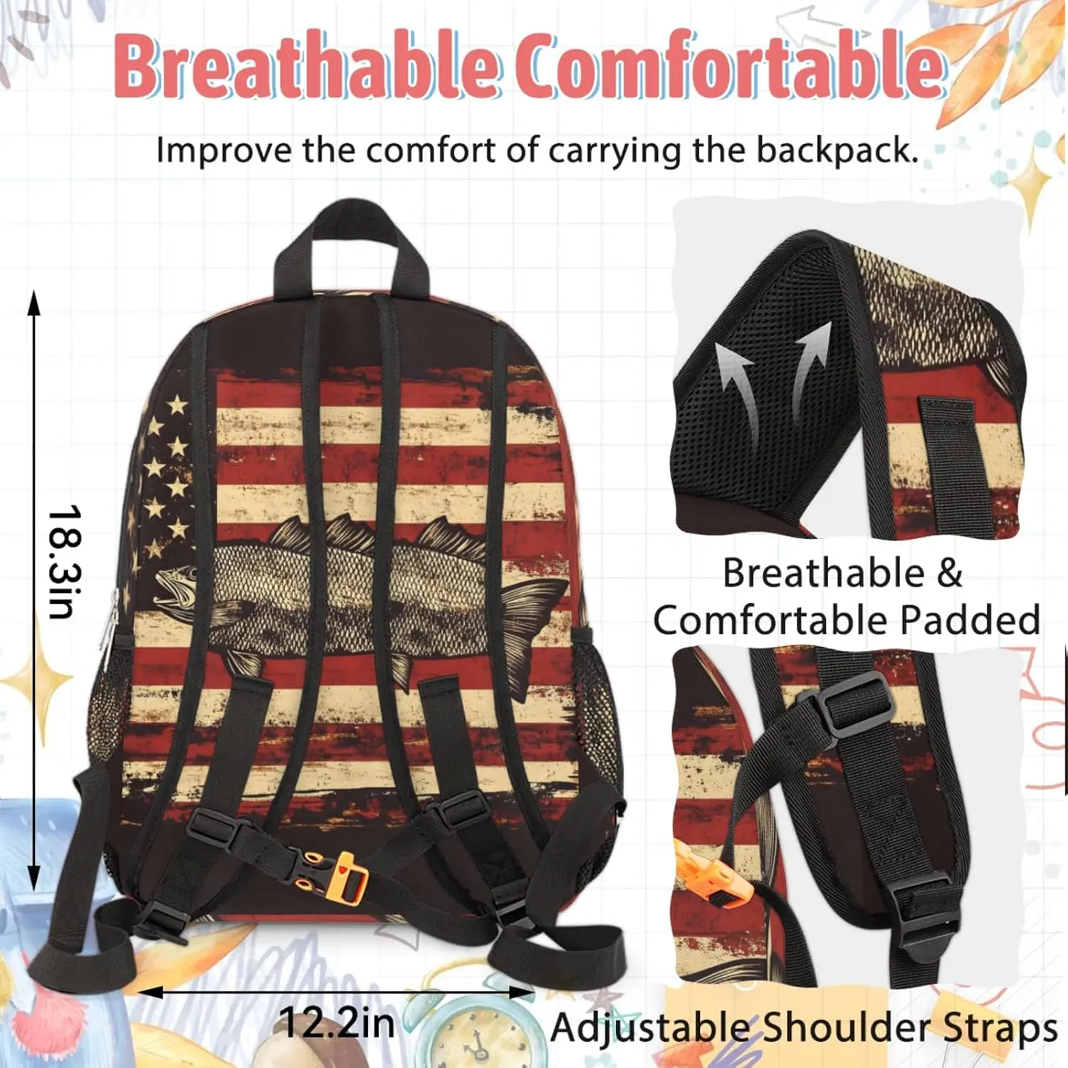 Custom Bass Fish Usa Flag Backpack with Lunch Box, Customized Multiple Backpack Lunch Bag Set with Name Personalized Shoulder Bag Casual Daypack