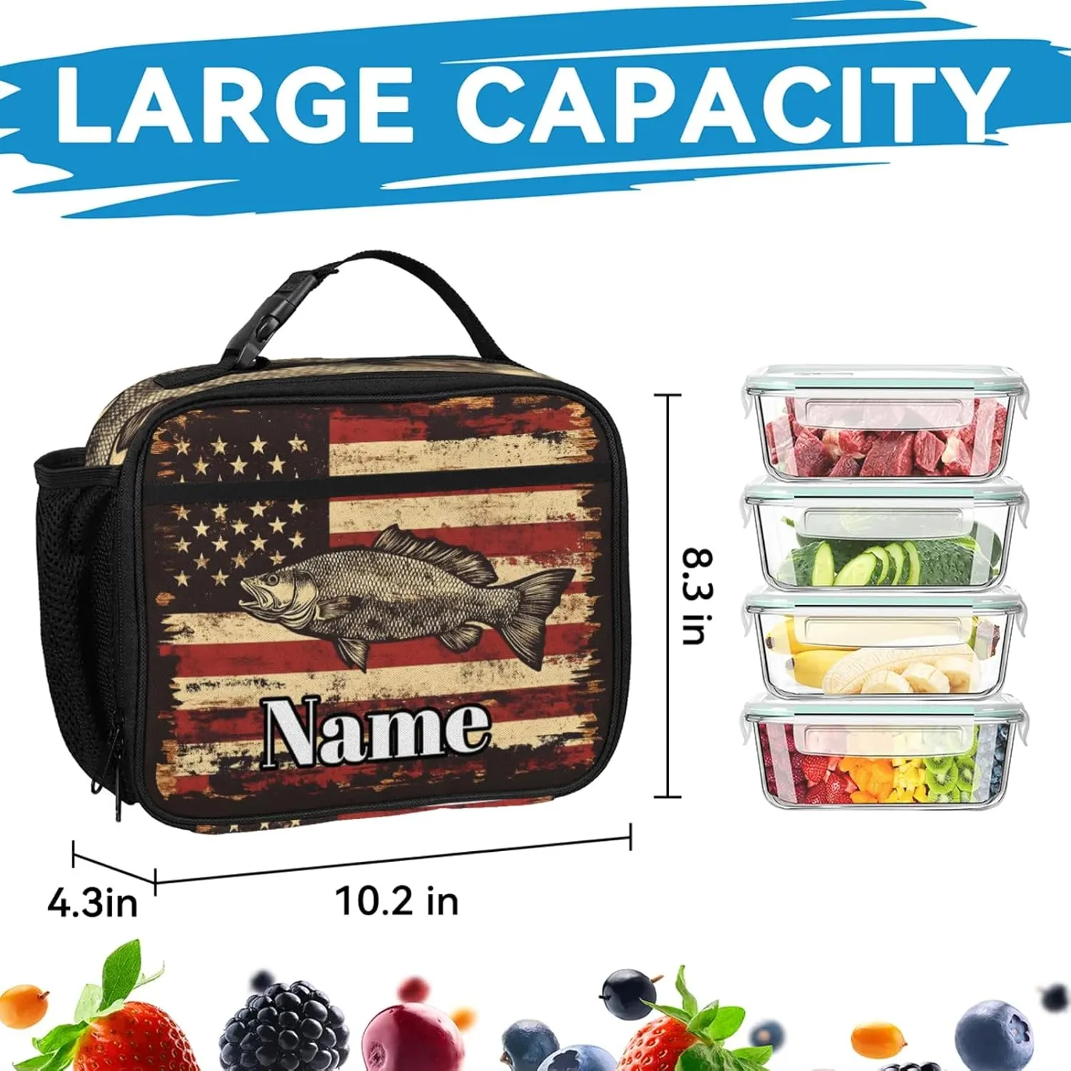 Custom Bass Fish Usa Flag Backpack with Lunch Box, Customized Multiple Backpack Lunch Bag Set with Name Personalized Shoulder Bag Casual Daypack