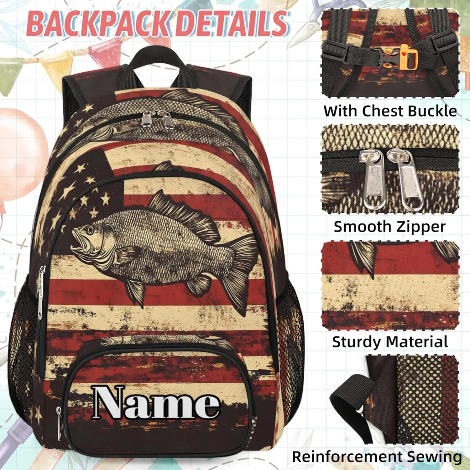 Custom Bass Fish Usa Flag Backpack with Lunch Box, Customized Multiple Backpack Lunch Bag Set with Name Personalized Shoulder Bag Casual Daypack