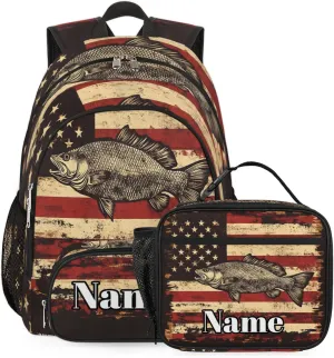 Custom Bass Fish Usa Flag Backpack with Lunch Box, Customized Multiple Backpack Lunch Bag Set with Name Personalized Shoulder Bag Casual Daypack
