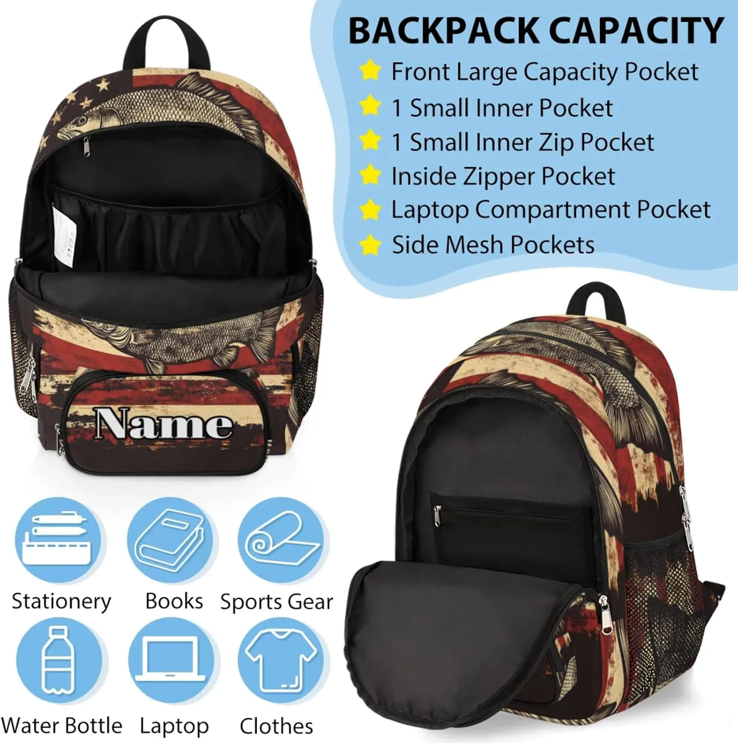 Custom Bass Fish Usa Flag Backpack with Lunch Box, Customized Multiple Backpack Lunch Bag Set with Name Personalized Shoulder Bag Casual Daypack
