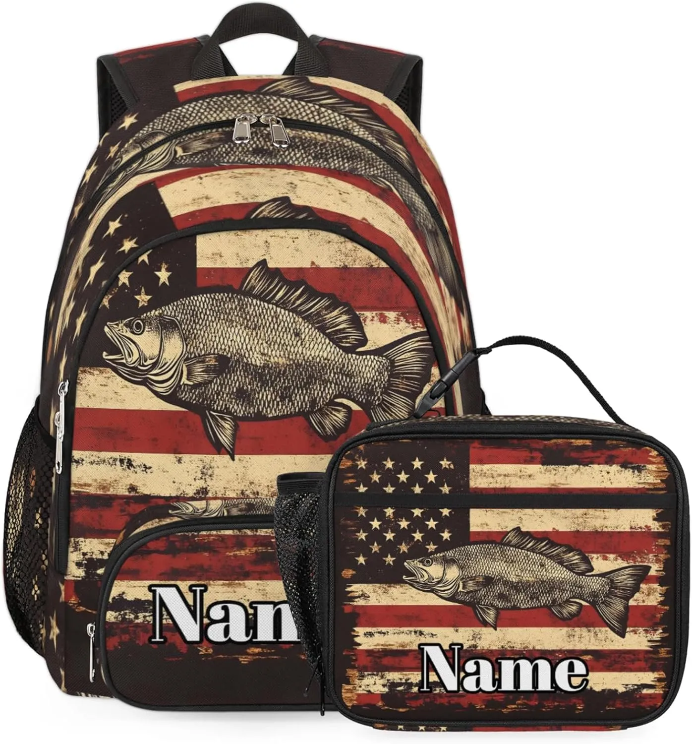 Custom Bass Fish Usa Flag Backpack with Lunch Box, Customized Multiple Backpack Lunch Bag Set with Name Personalized Shoulder Bag Casual Daypack
