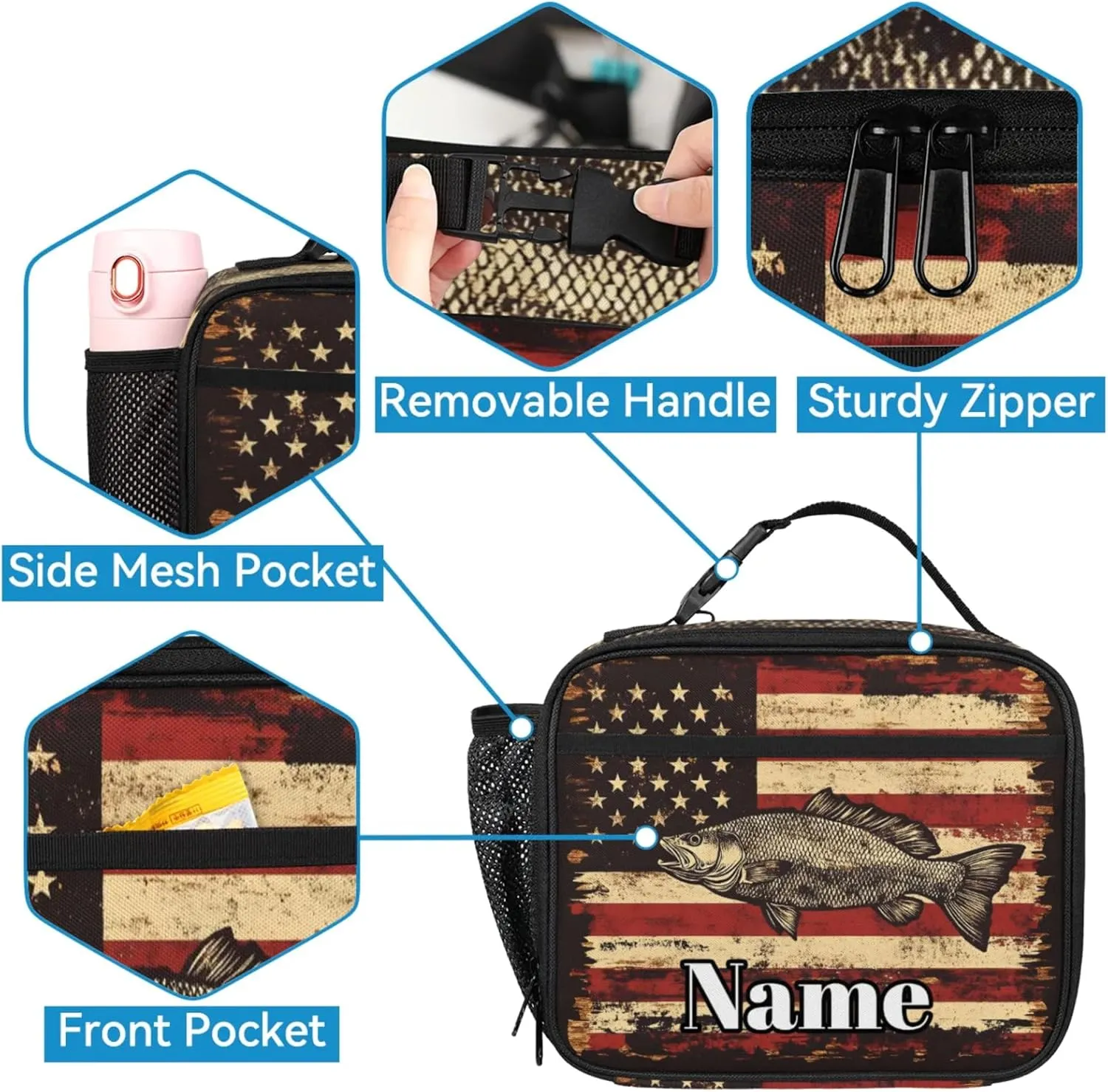 Custom Bass Fish Usa Flag Backpack with Lunch Box, Customized Multiple Backpack Lunch Bag Set with Name Personalized Shoulder Bag Casual Daypack