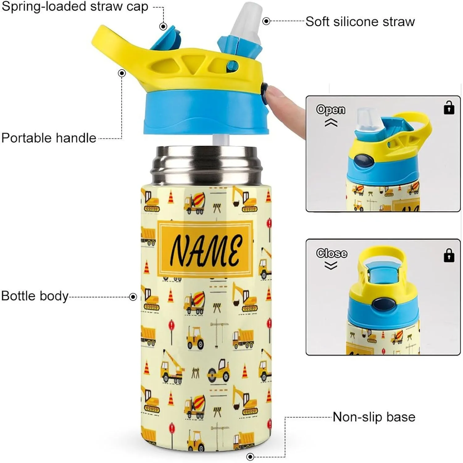 Custom Cute Excavator Car 4Pcs Backpack Set with Lunch Bag Pencil Case Water Bottle Personalized Name Text School Book Bags Customized Backpack Set for Girls Boys Kids
