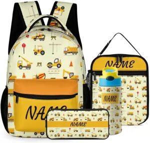 Custom Cute Excavator Car 4Pcs Backpack Set with Lunch Bag Pencil Case Water Bottle Personalized Name Text School Book Bags Customized Backpack Set for Girls Boys Kids
