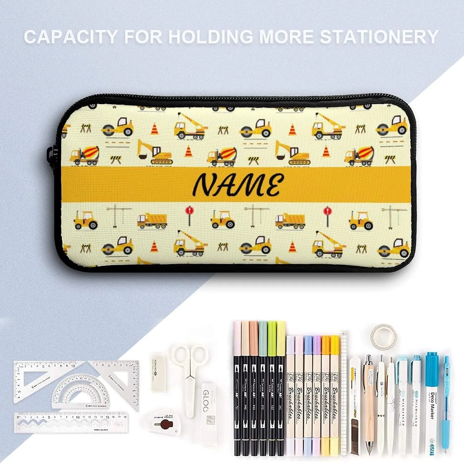 Custom Cute Excavator Car 4Pcs Backpack Set with Lunch Bag Pencil Case Water Bottle Personalized Name Text School Book Bags Customized Backpack Set for Girls Boys Kids