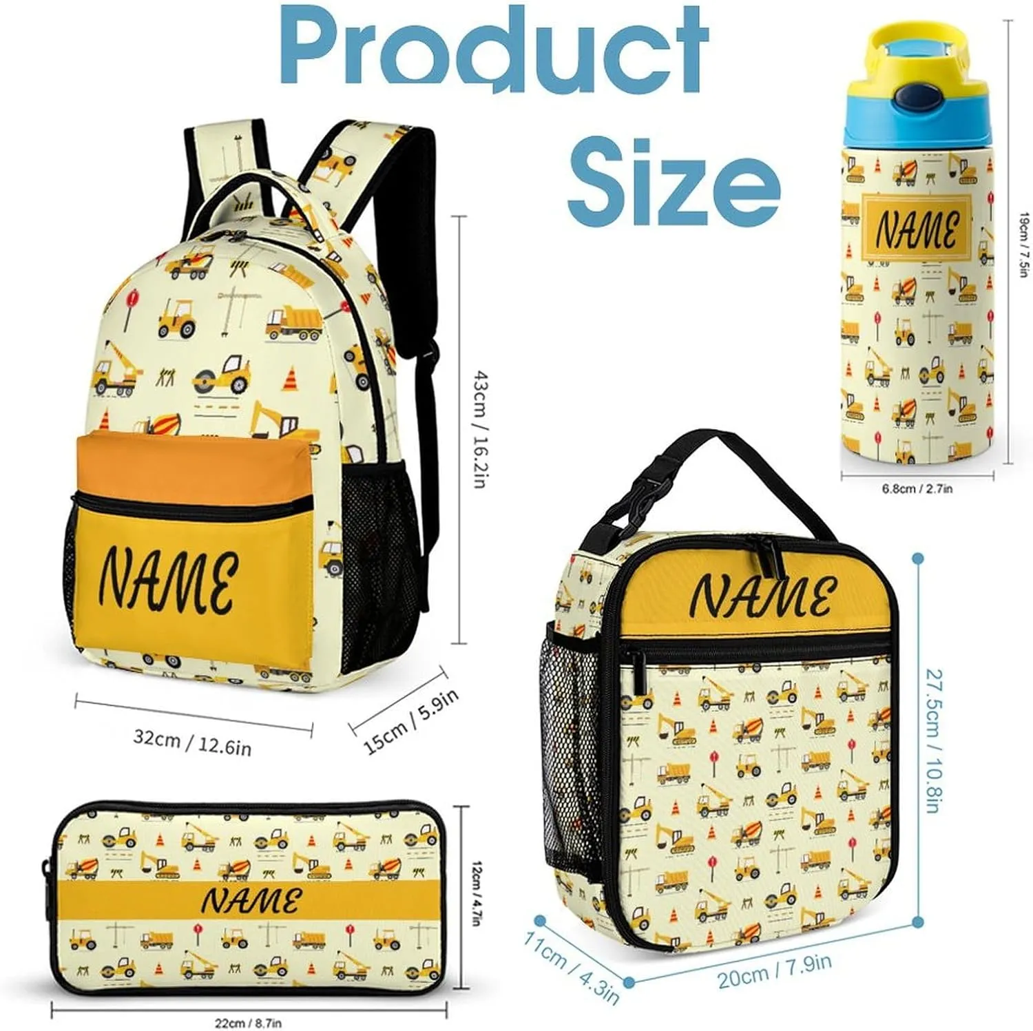 Custom Cute Excavator Car 4Pcs Backpack Set with Lunch Bag Pencil Case Water Bottle Personalized Name Text School Book Bags Customized Backpack Set for Girls Boys Kids