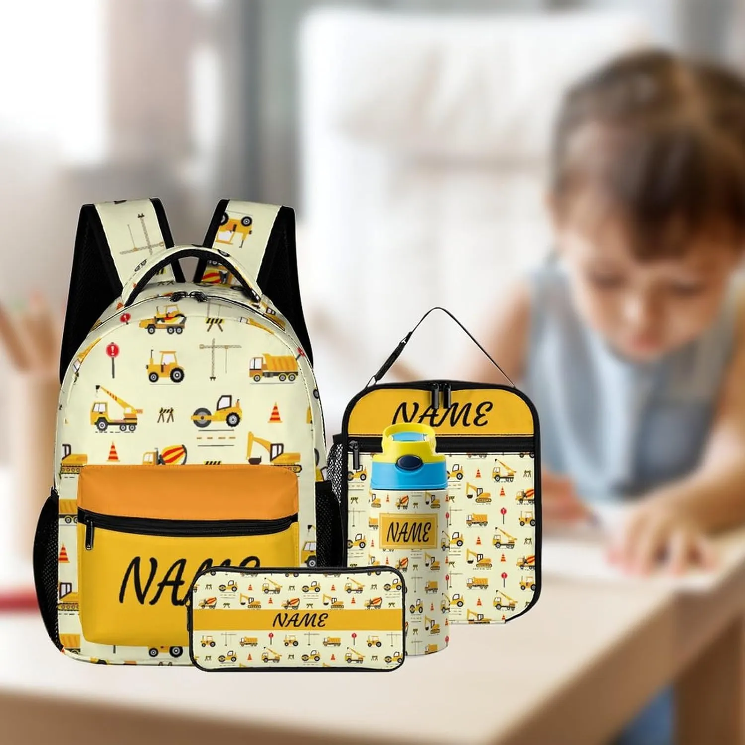 Custom Cute Excavator Car 4Pcs Backpack Set with Lunch Bag Pencil Case Water Bottle Personalized Name Text School Book Bags Customized Backpack Set for Girls Boys Kids