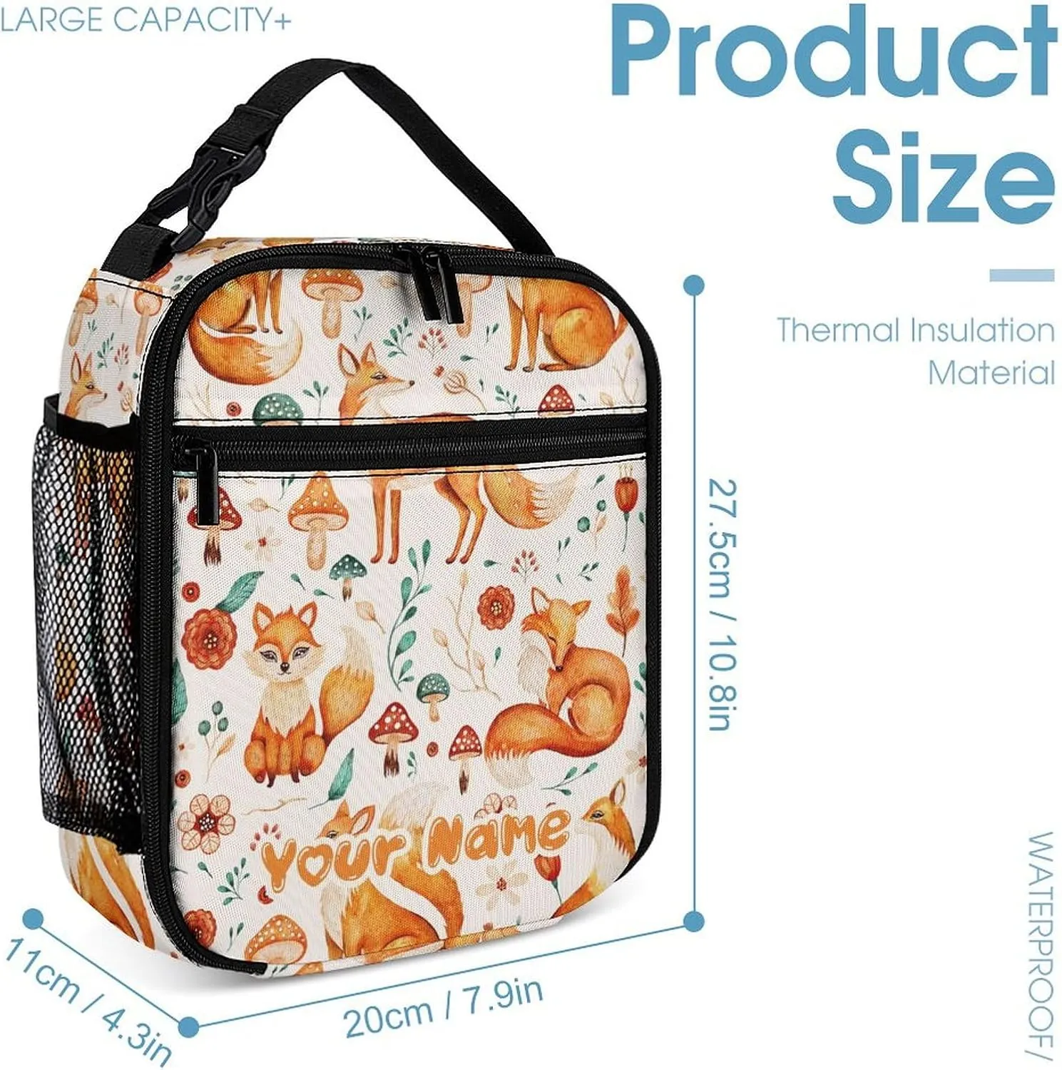 Custom Fox Backpack with Lunch Box & Pencil Case, 16 Inch Cute Foxes Themed Bookbag, Adjustable Lightweight Large Capacity, Colorful Daily Casual Animal Backpacks Set with Lunch Bag