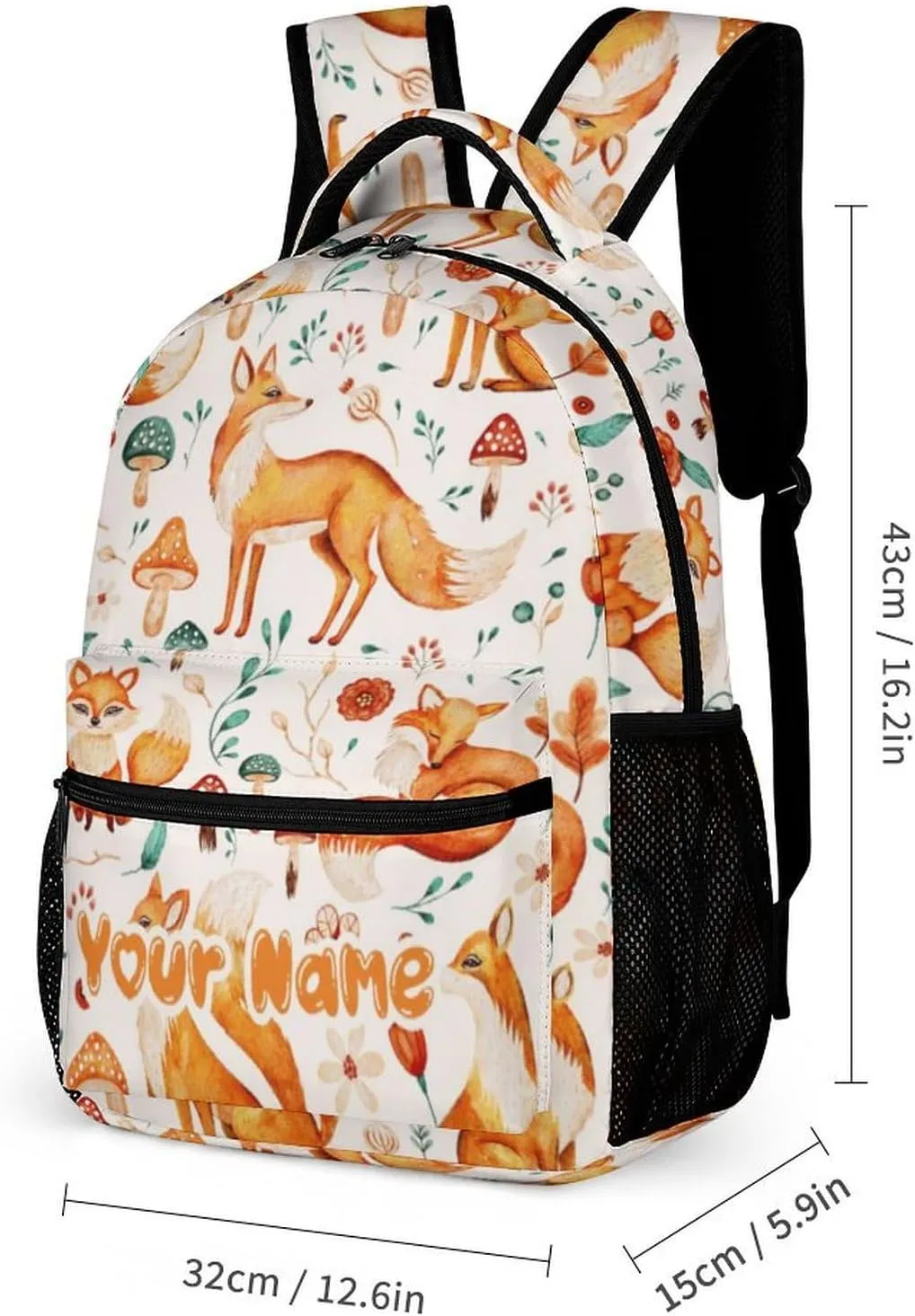 Custom Fox Backpack with Lunch Box & Pencil Case, 16 Inch Cute Foxes Themed Bookbag, Adjustable Lightweight Large Capacity, Colorful Daily Casual Animal Backpacks Set with Lunch Bag