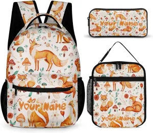 Custom Fox Backpack with Lunch Box & Pencil Case, 16 Inch Cute Foxes Themed Bookbag, Adjustable Lightweight Large Capacity, Colorful Daily Casual Animal Backpacks Set with Lunch Bag