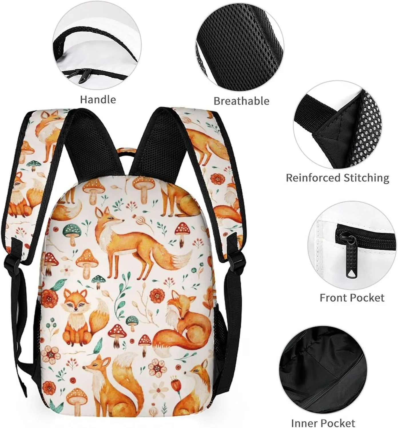 Custom Fox Backpack with Lunch Box & Pencil Case, 16 Inch Cute Foxes Themed Bookbag, Adjustable Lightweight Large Capacity, Colorful Daily Casual Animal Backpacks Set with Lunch Bag