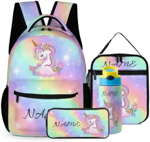 Custom Galaxy Flower Unicorn 4Pcs Backpack Set with Lunch Bag Pencil Case Water Bottle Personalized Name Text School Book Bags Customized Backpack Set for Girls Boys Kids