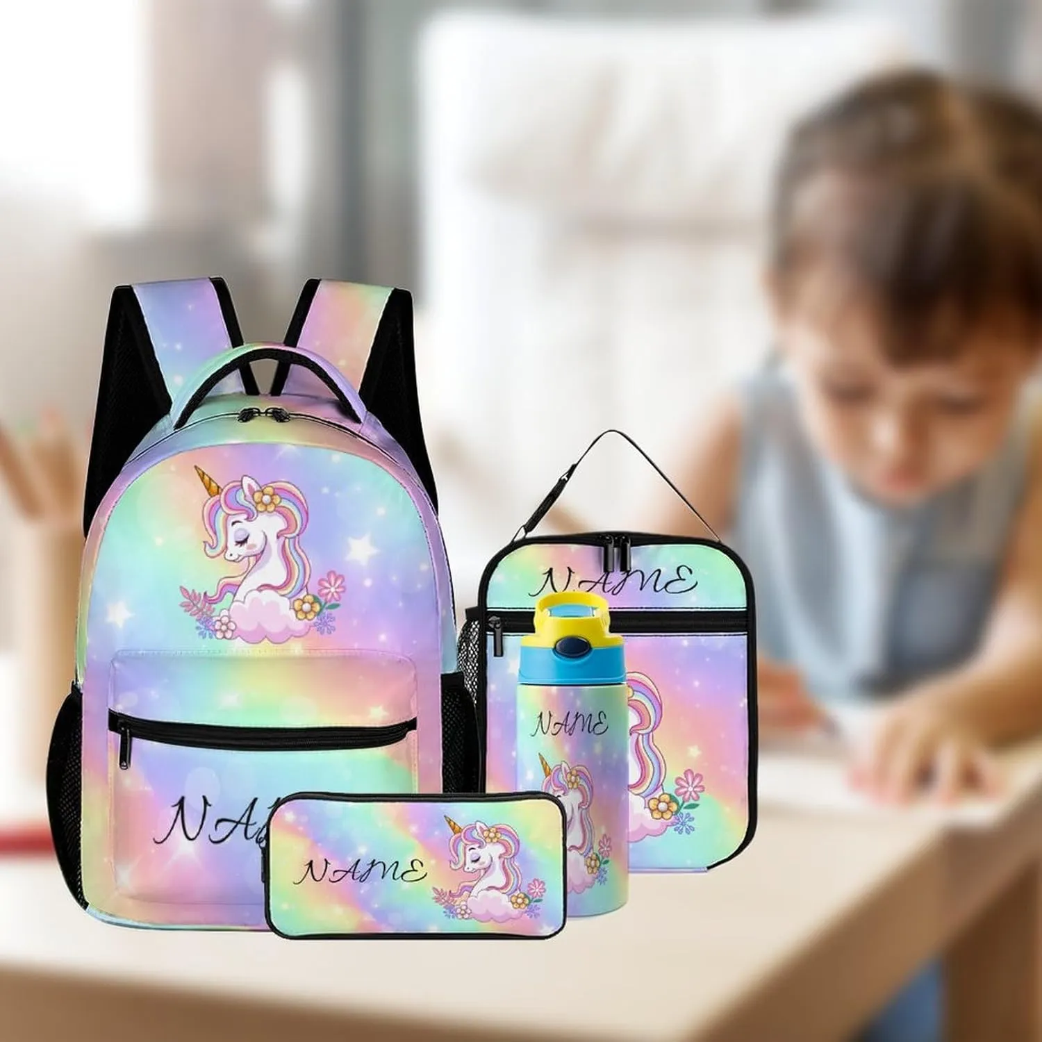 Custom Galaxy Flower Unicorn 4Pcs Backpack Set with Lunch Bag Pencil Case Water Bottle Personalized Name Text School Book Bags Customized Backpack Set for Girls Boys Kids