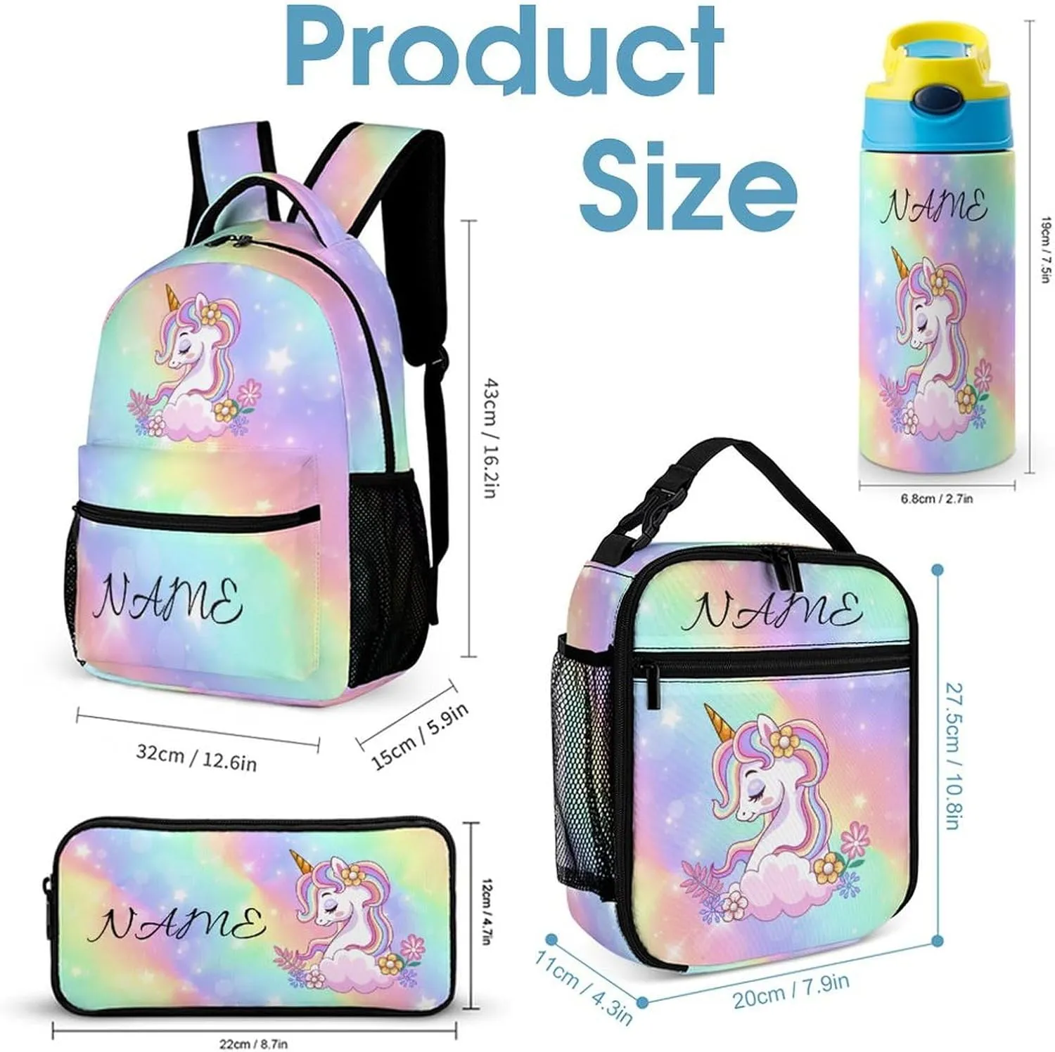 Custom Galaxy Flower Unicorn 4Pcs Backpack Set with Lunch Bag Pencil Case Water Bottle Personalized Name Text School Book Bags Customized Backpack Set for Girls Boys Kids