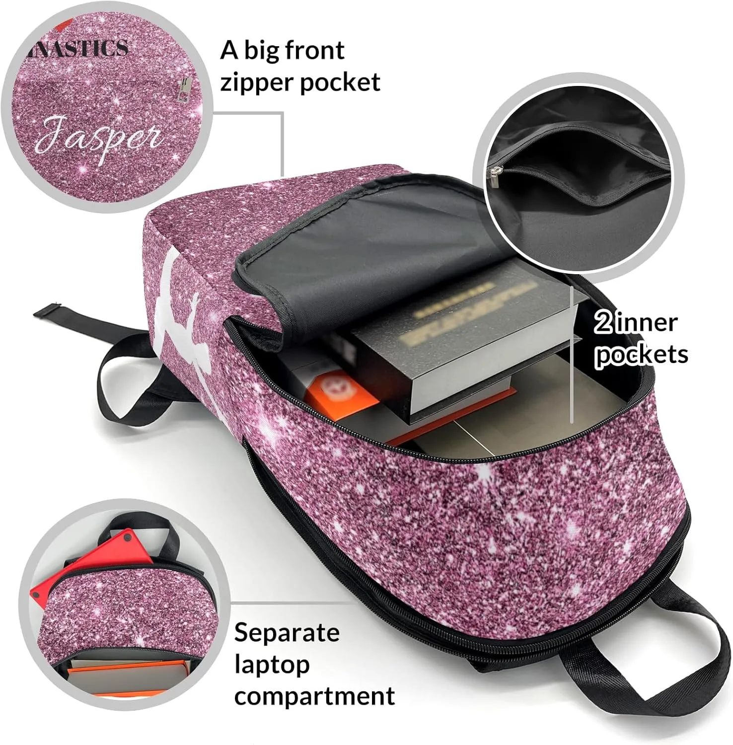 Custom Glitter Inbakerdoek Rhythmic Gymnastics Jump School Backpack Casual College Backpack Lightweight Travel Backpack with Name
