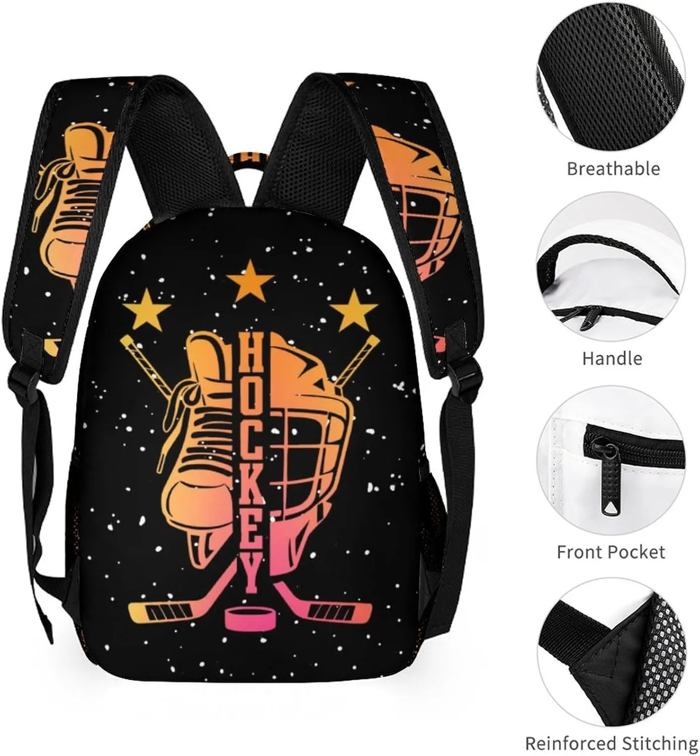 Custom Hockey Backpack for Kids Girls Boys School, 16 Inches Cool Hockey Ball Theme Bookbag, Adjustable, Lightweight, Large Capacity, Colorful Daily Casual Backpacks