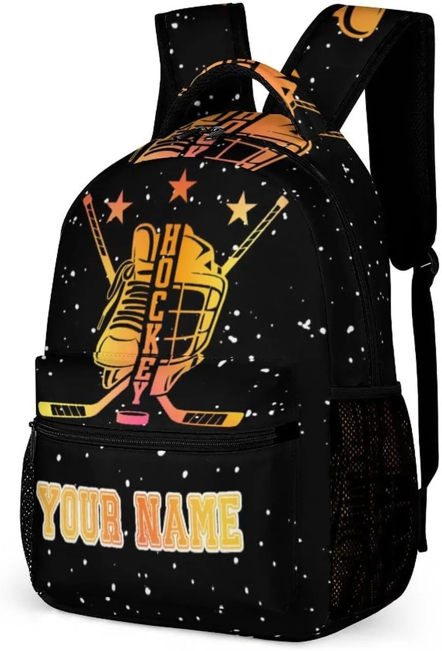 Custom Hockey Backpack for Kids Girls Boys School, 16 Inches Cool Hockey Ball Theme Bookbag, Adjustable, Lightweight, Large Capacity, Colorful Daily Casual Backpacks