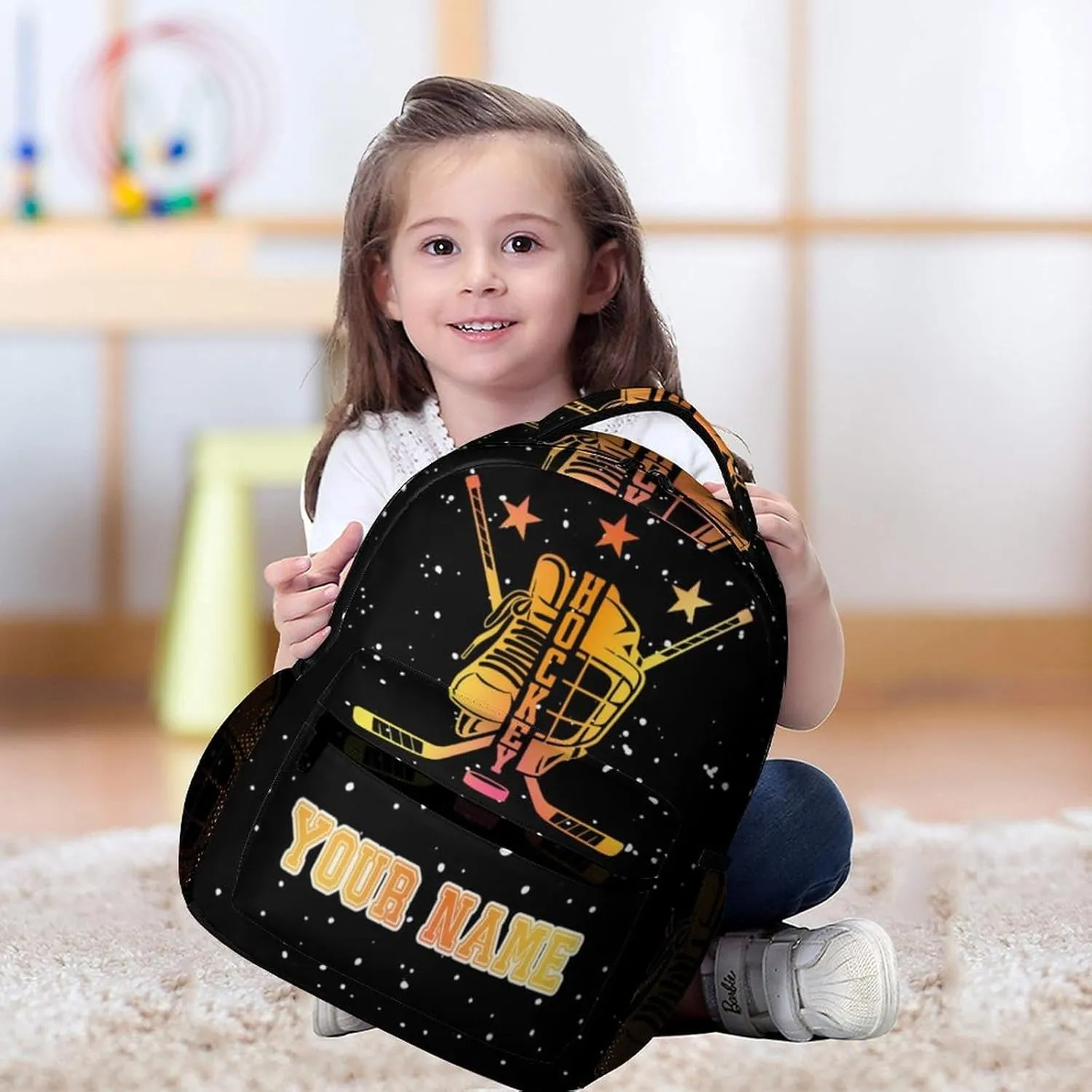 Custom Hockey Backpack for Kids Girls Boys School, 16 Inches Cool Hockey Ball Theme Bookbag, Adjustable, Lightweight, Large Capacity, Colorful Daily Casual Backpacks
