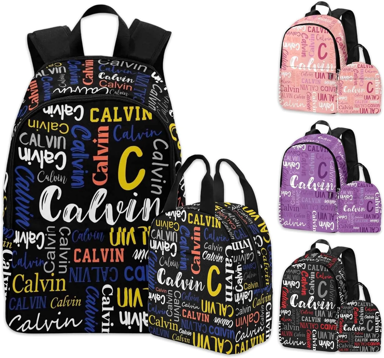 Custom Kids Backpacks Lunch Bag with Text, Personalized Bookbag for Boys Girls Toddler Black School Bag with Name Back to School Elementary Travel Bag Back Pack