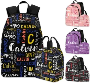 Custom Kids Backpacks Lunch Bag with Text, Personalized Bookbag for Boys Girls Toddler Black School Bag with Name Back to School Elementary Travel Bag Back Pack