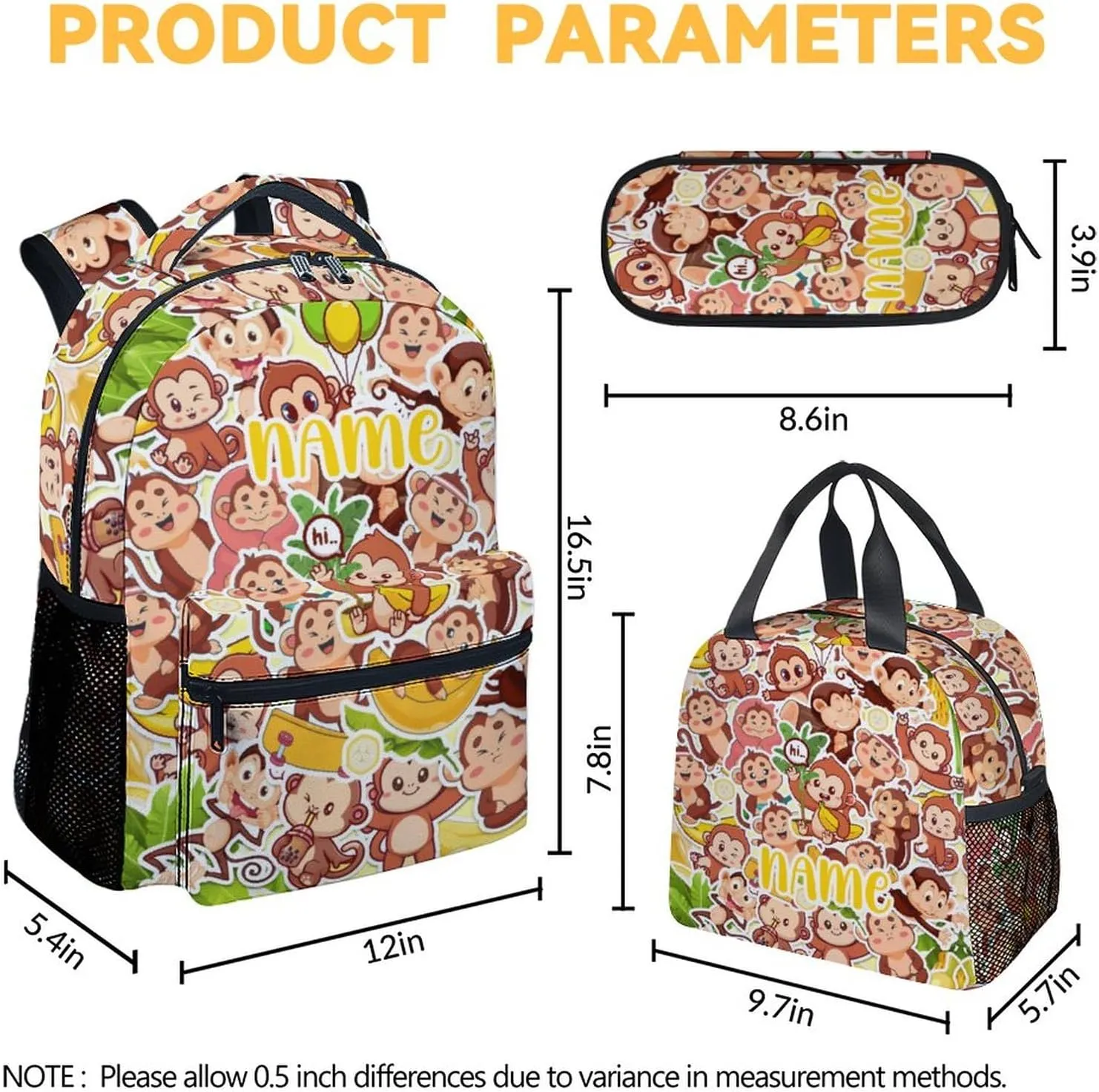 Custom Monkey Backpack with Lunch Box, Set of 3 School Backpacks Matching Combo, Cute Bookbag and Pencil Case Bundle