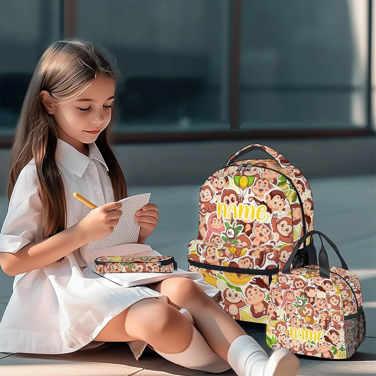 Custom Monkey Backpack with Lunch Box, Set of 3 School Backpacks Matching Combo, Cute Bookbag and Pencil Case Bundle